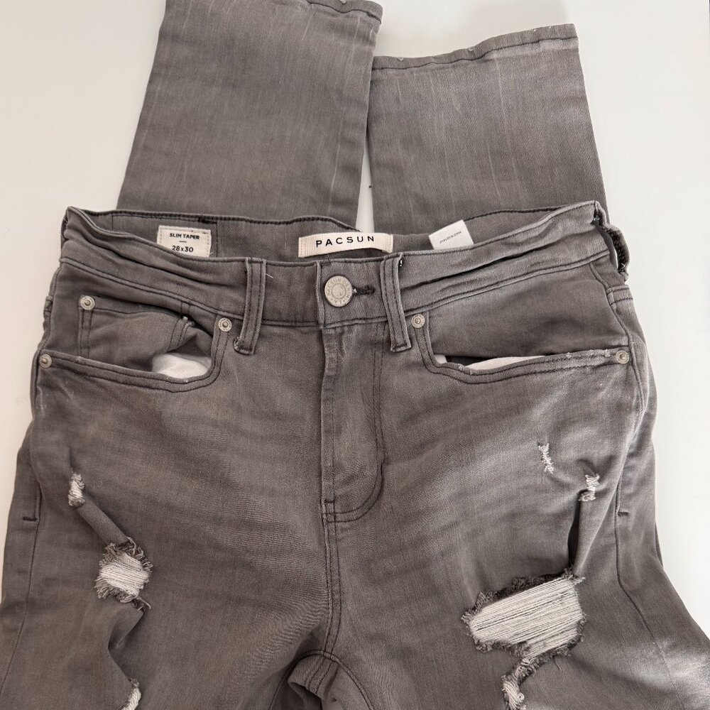 PacSun Men's Jeans- Grey- Distressed- Slim Taper 28 X 30